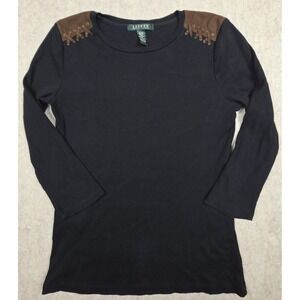 Lauren Ralph Lauren Black Ribbed Top 3/4 Sleeve Suede Stitch‎ Shoulder Size M
